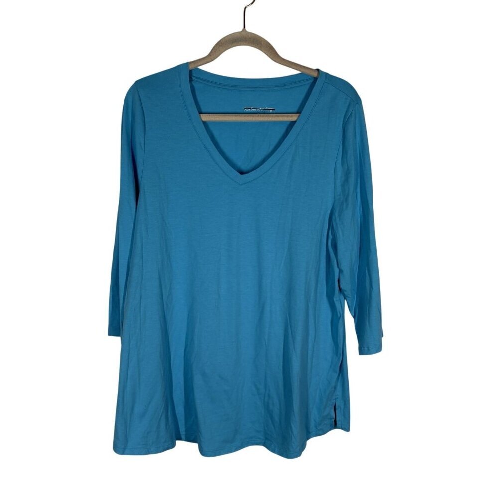 Soft Surroundings Women 1X Blue 3/4 Sleeves V-Neck Longline Tunic T-Shirt NWOT